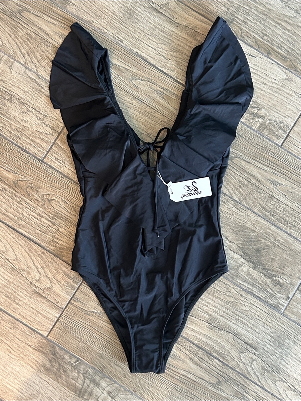 NWT..Black Ruffle Deep V One-Piece Swimsuit Size S
